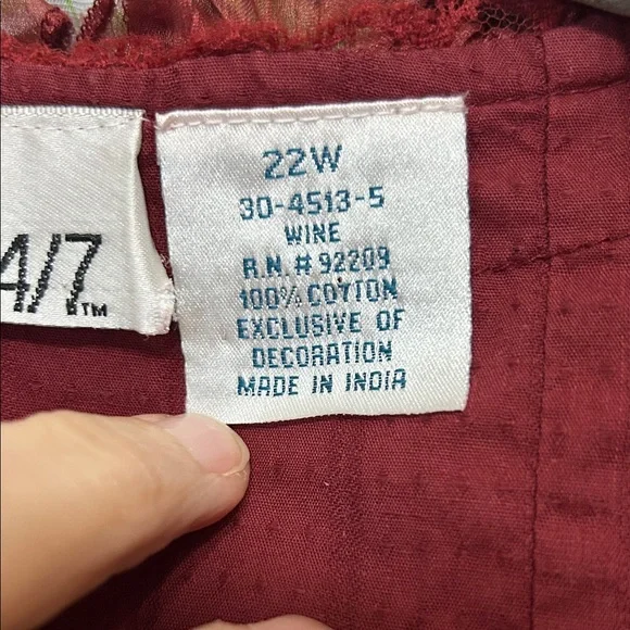 Denim 24/7 Wine Ruffle Cotton Blouse Button up with Lace Trim Fancy size 22 - Picture 13 of 14